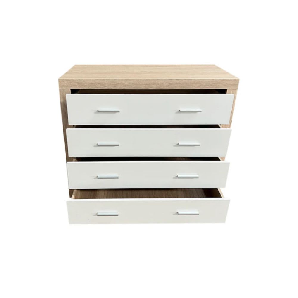 Set Completo de Dormitorio Kiara: Cabecero de Matrimonio, 2 Mesitas de Noche y Cómoda de 4 Cajones - Diseño Moderno y Elegante en Blanco y Cambria, Almacenamiento Funcional
