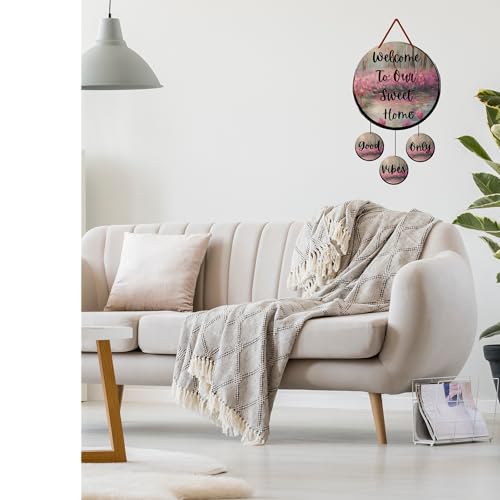 Image of GENXTRA Wooden Welcome Home Round MDF inchWelcome To Our Sweet Home inch Wall Hanging with 3 Mini inchGood Vibes Only inch Charms - Decorative Wooden Plaque Set of 4 for Entryway & Living Room, or Balcony | Decorative Plaques for Housewarming (HOME 02)