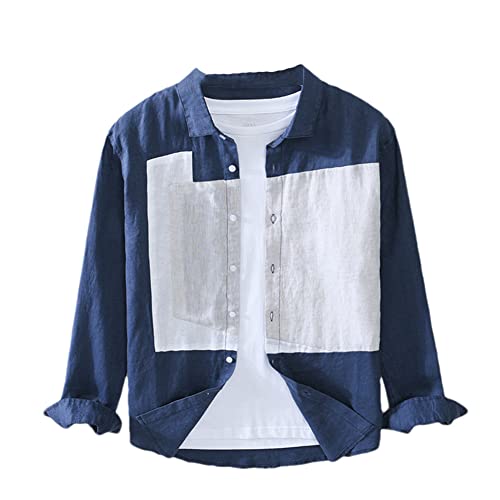 Chemise en lin patchwork homme manches longues bleu fini la chaleur