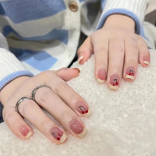 French Tip Press on Nails Simple Sweet Short Fake Nails with Cute...