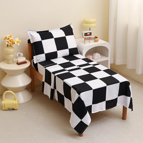 Image of Caressma Checkered Toddler Bedding Set Black White Plaid Comforter Set | Classic Black and White Bed Set, Grid Buffalo 4 Pieces Kids Bedding with Comforter, Fitted Sheet, Flat Sheet, Pillowsham