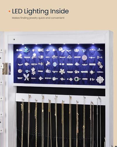 Image of SONGMICS HOME Mirror Jewelry Cabinet, Lockable Hanging Jewelry Organizer with Full-Length Mirror, Door or Wall Mounted Storage Cabinet, Interior LED Lights, White