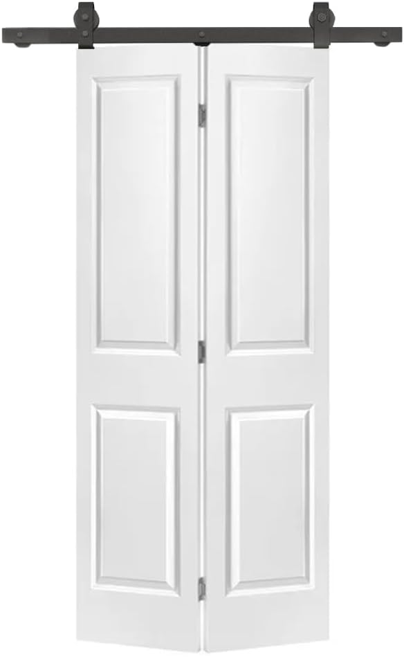 36 in. x 80 in. 2 Panel Beige Painted MDF Composite Bi-Fold Barn Door with Sliding Hardware Kit
