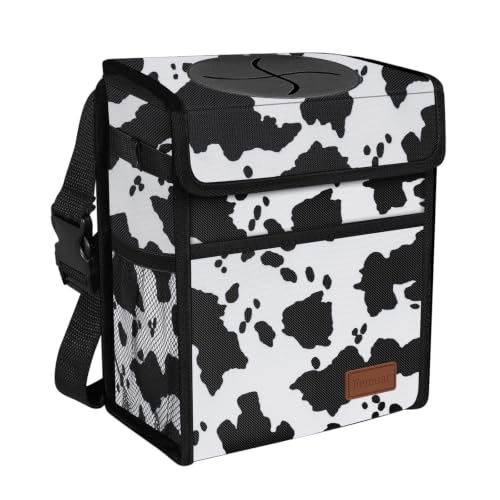 Image of Femuar Leak Proof Car Trash Can with Lid, Collapsible Hanging Waterproof Car Trash Bag with Mesh Pocket for SUV Front Seat Headrest, Cow Print