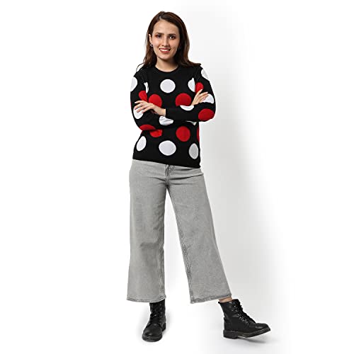 Image of Campus Sutra Women Black Polka Dot Regular Fit Sweater | Round Neck, Full Sleeve, Woolen Sweater for Women & Girls | Stylish Casual Winter Wear