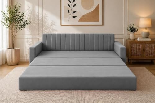 Image of Modern Velvet Three Seater Sofa Cum Bed with Armrest Convertible Sleeper Sofa Sofa for Living Room, Bedroom & Office - Grey Color