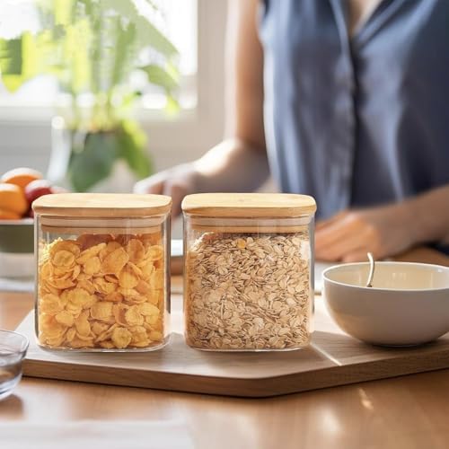 Image of MARTVIA Glass Food Storage Jars with Bamboo Lids 750ml Set of 4, Wide Mouth Lid Jar for Home Kitchen,Flour, Sugar, Coffee, Pasta, Oats, Grains, Cookies, Snacks (Sqaure 750 ML, SET OF 4)