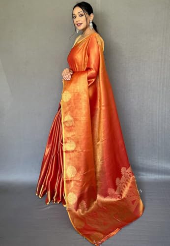 Image of SWORNOF Gold-Toned Woven Design Silk Zari Tissue Saree | Saree for Women | Soft and Skin Friendly