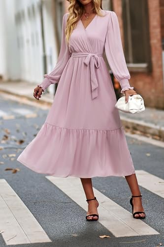 Image of PRETTYGARDEN Women's Floral Boho Dress Fall Long Sleeve Wrap V Neck Ruffle Flowy Maxi Spring Wedding Guest Vacation Dresses