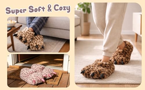 Image of Women Plush Animal Paw Slippers Funny Novelty Bear Claw Slippers Cozy Furry Warm Memory Foam Slippers Gifts for Halloween Christmas