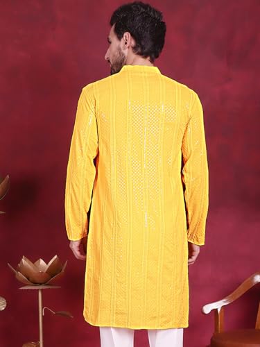 Image of Jompers Men's Regular Fit Rayon Sequins Chikankari Embroidered Kurtas