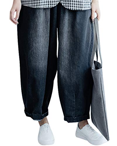 Bigassets Femmes Taille élastique Jeans Pantalon Large avec Poches Style 1 Black Cover