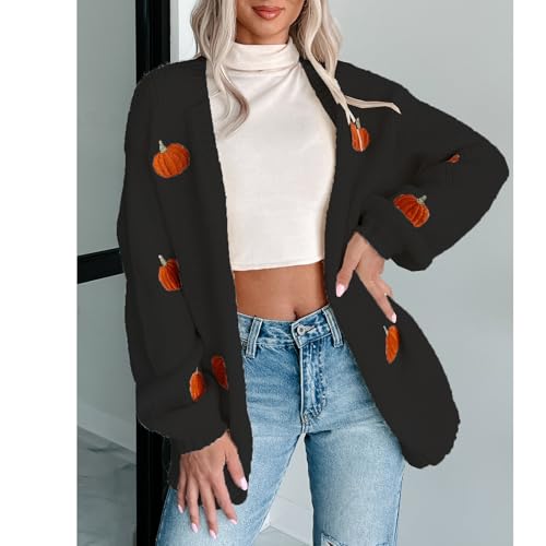 Women's Halloween Pumpkin Embroidery Open Front Cardigan Sweaters V Neck Casual Button Down Knit Coats4
