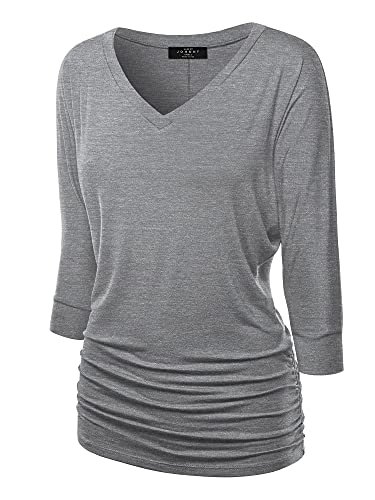 Made By Johnny MBJ WT1036 Womens V Neck 3/4 Sleeve Dolman Top with Side Shirring L Heather_Dark_Grey
