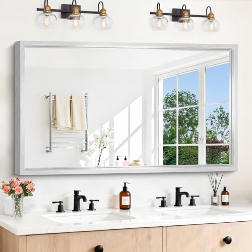 Image of 30x55 Silver Bathroom Mirror, Brushed Silver Rectangular Mirror for Wall, 0.6 inch Thickened Deep Frame Mirrors for Bathroom Sink, Shatterproof Tempered Glass, Antirust, Horizontally or Vertically
