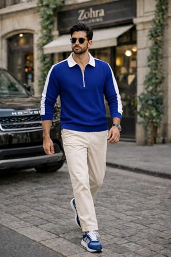 Image of Dagcros Mens Polo T-Shirt with White Contrast Collar | Short Sleeve Zipper Neck Casual Top | Smart Casual T-Shirt for Man