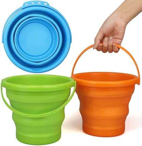 Foldable Beach Sand Toy Bucket for Kids Adults, Jumbo Collapsible Sandbox Bucket, Foldable Pail with Mesh Bag, Multi Use for Garden Beach, Camping, Easter Basket Gift, Fishing, Travelling 3PCS