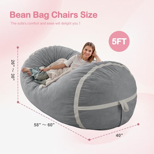 Image of 5FT Bean Bag Chair 5'Giant Bean Bag Chairs with Adults, Large Beanbag Chair | Bean bag Lounger with Machine Washable Cover Dutch Velvet Fabric, Comfy Chairs for Living Room, Bedroom, Dorm, Lightgrey