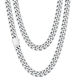 Fiusem Silver Tone/Black/14K Gold Plated Chain Necklace for Men, 5mm/6mm/7.5mm/8mm/9mm Stainless Steel Cuban Link Chain Necklace, Men’s Chains 18-28 Inch Jewelry Gifts
