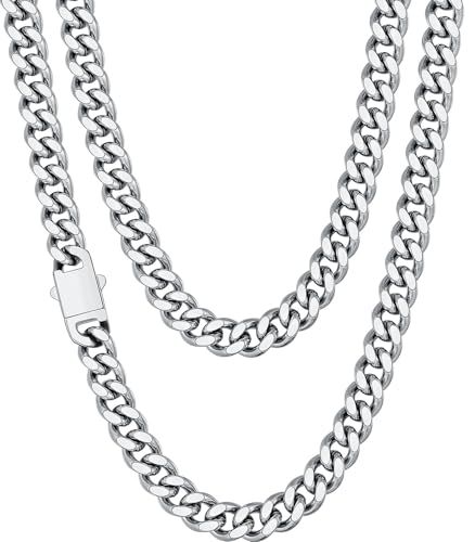 Fiusem Silver Tone/Black/14K Gold Plated Chain Necklace for Men, 5mm/6mm/7.5mm/8mm/9mm Stainless Steel Cuban Link Chain Necklace, Men's Chains 18-28 Inch