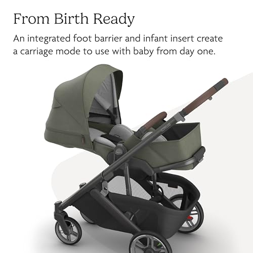 Image of UPPAbaby Cruz V3 Stroller - from Birth + Car Seat Compatible - Full-Size, Reversible Seat - Infant Insert, Bug and Rain Shields Included - Evelyn (Meadow Green /Graphite Frame /Chestnut Leather)