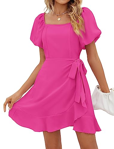 Image of Sampeel Womens Summer Dresses Square Neck Puff Sleeve Tie Waist Short Dress