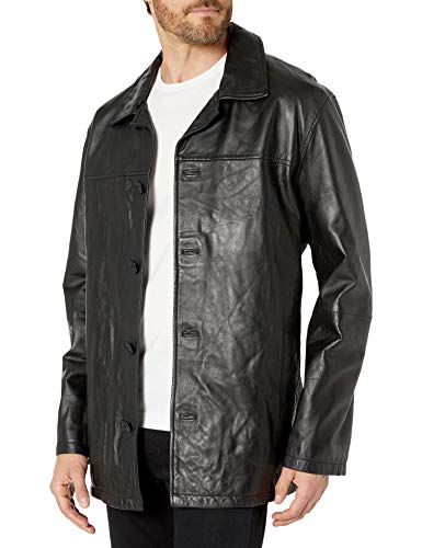 Excelled Men's Four-Button Lambskin Leather Car Coat, Black, X-Large