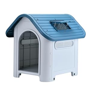 Lanco – Caseta para Perros Pequeños con Techo Solar Ajustable. Uso Interior y Exterior con respiraderos. Material Resistente. 75x59x66cm. Azul y Blanco.