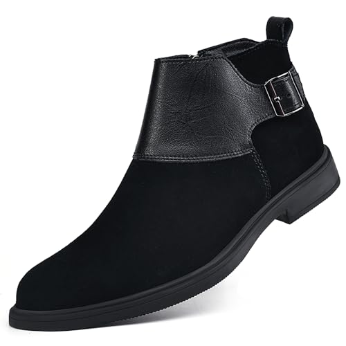 Men's Suede Dress Boots Pointed Toe Inner Zipper Chelsea Ankle Boots with Adjustable Buckle Casual Non-Slip Formal Business Booties