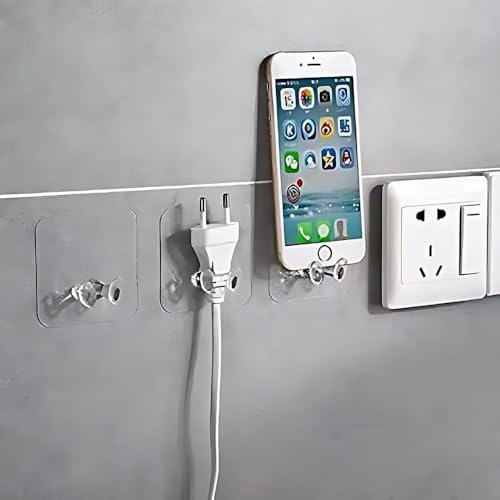Image of Plastic Adhesive Hook Multifunctional Power Plugs Socket Holder Free Punching Adhesive Hook Power Stickers Wall Mounted Transparent Wall Plug Hook for Keys Towel Kitchen (Pack-5)