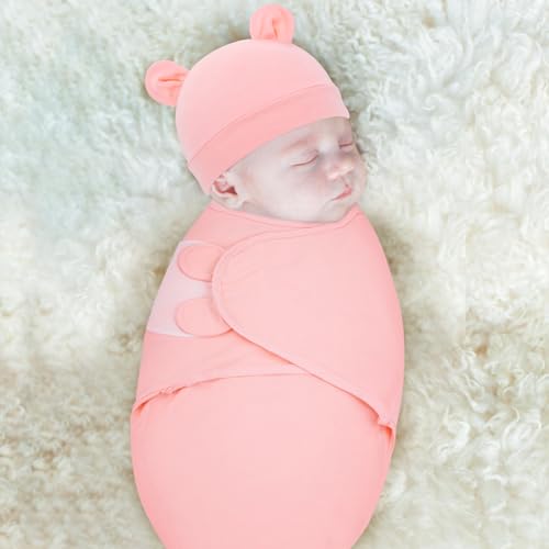 Image of Cinaci 2 Pack Adjustable Soft Cotton Blend Newborn Baby Receiving Swaddle Blankets Sleep Sacks with Nursery Hats Caps Beanies Bonnets for Baby Girls Boys Newborns Infants