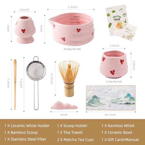 YumiPLUS Complete 9pcs Matcha Set with Cups, Ceramic Matcha Bowl and Whisk set for Beginner, Ceremonical Tea Making Kit with Mugs,Cute Matcha Gift Set for Starter (Pink Love)