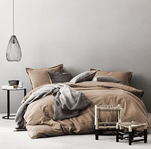 Eikei Washed Cotton Chambray Duvet Cover Solid Color Casual Modern Style Bedding Set Relaxed Soft Feel Natural Wrinkled Look (Rust, Super King)