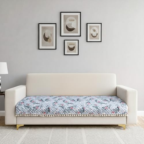 Image of Homerz Premium Printed Quilted Velvet Sofa Slip Cover Protector with Tassels, Sofa Mat, Exact Size, Antislip Cover (Grey Autumn, 5 (3+1+1) Seater, Half)