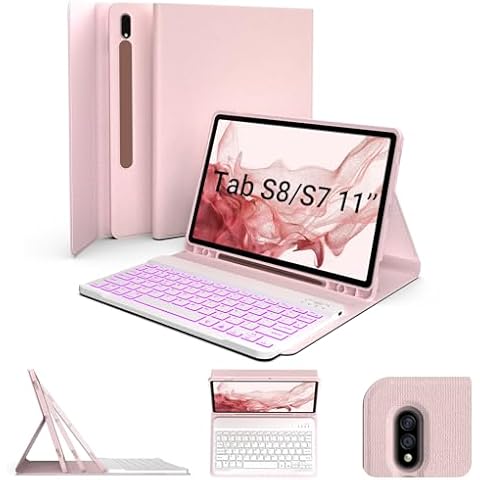 typecase Keyboard Case for Galaxy Tab S8/Tab S7 11 inch (SM-X700/X706/T870/T875/T878), Slim Protective Cover, 7 Colors Backlit Wireless Detachable Keyboard with S Pen Holder (Pink) Cover