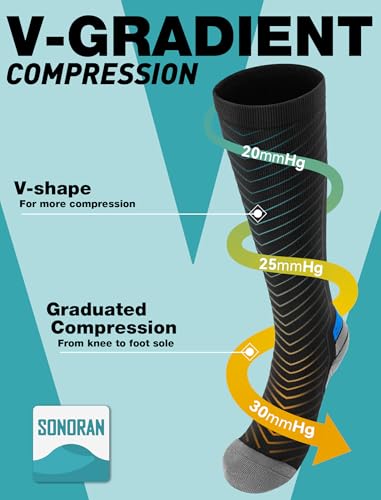 Sonoran 4 Pairs Compression Socks For Women & Men 20-30 Mmhg Graduated Compression Stockings Knee High Best Support For Running, Flying, Sports L/Xl (Black Blue&Gray) - 2