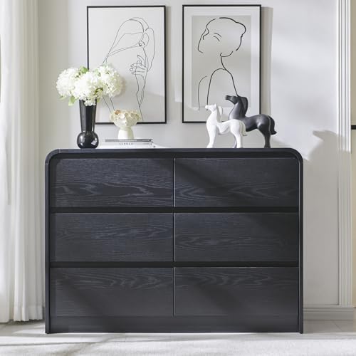 Aitjunz Modern Sideboard Buffet Cabinet with 6 Storage Drawers, 47\" Wide Large Kitchen Buffet Cabinet w/Curved Profile Design, 33.8\'\' Tall Wood Coffee Bar Table for Dining Room, Black