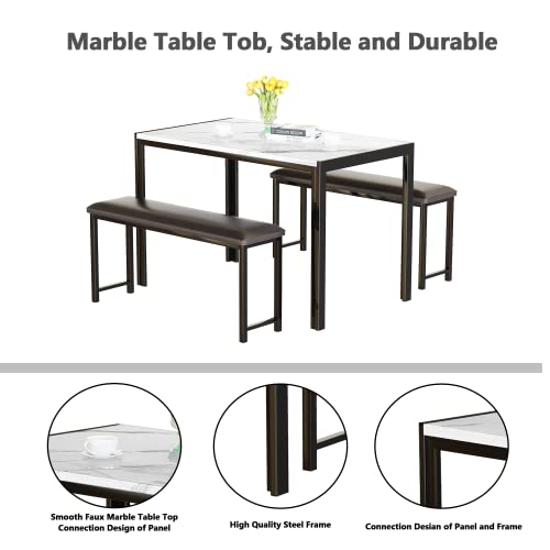 Awqm 3 Pieces Dining Room Table Set, Kitchen Table Set With Faux Marble Top Table And 2 Pu Leather Upholstered Benches For Breakfast Nook, Apartment And Compact Space, White #TOP5