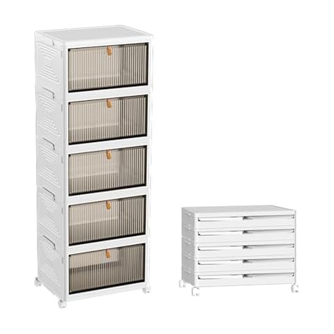 Acesolid Folding Storage Organizer, Stackable Storage Cabinet with Wheels and Doors, Collapsible Bins for Closet, Clothes, Toys, Books (5-Tier Narrow Storage Cabinet) Cover