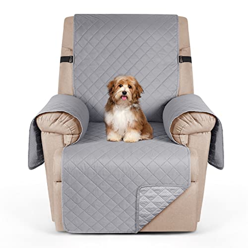 Image of KinCam Water Resistant Recliner Chair Cover, Reclining Couch Covers for Pets, Dogs, Recliner Couch Slipcover Furniture Protector with Elastic Straps for Kids, Light Gray