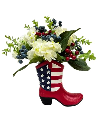 Svndlyn 4th of July Decorations Patriotic Floral Arrangement Centerpiece for Table Patriotic Boot Red Berries White Hydrangea Blueberry Fourth of July for Independence Day Home Decor,Memorial Day