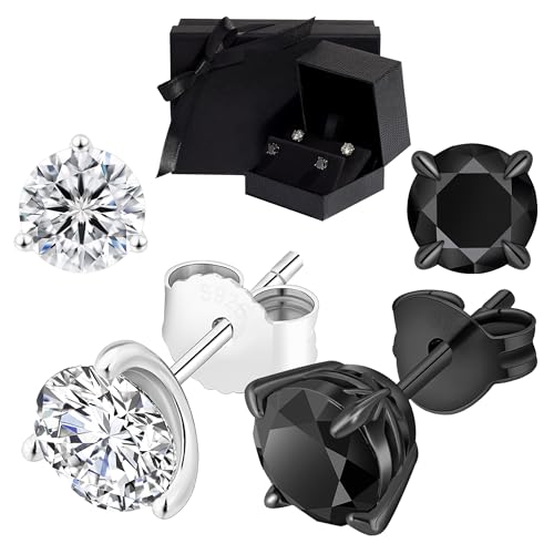 Moissanite earrings, 14K Black and White Gold plated 925 sterling silver, D Color VVS1 Clarity, 2 pairs in a Signature set, Luxury gift box for Women and Men