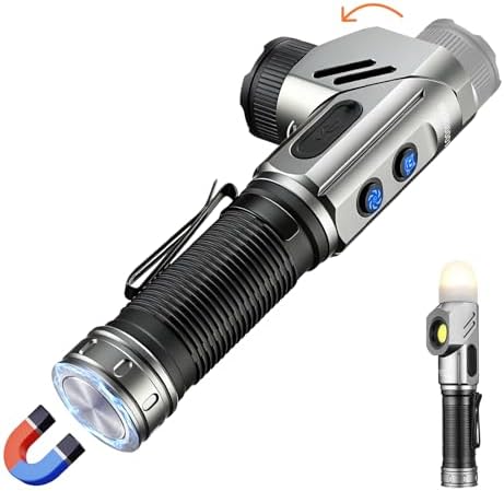 Yemao Rechargeable Tactical Flashlights,1600 High Lumens EDC Flashlight with 2 Light Sources,6 Modes,90° Rotating,Waterproof Working Light with Magnetic Base for Home Emergency,Outdoor,Camping,Shop
