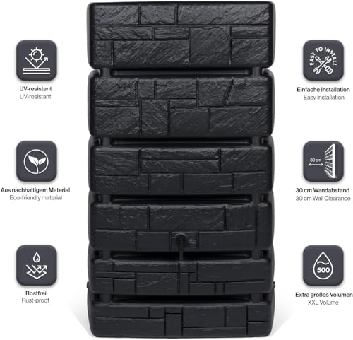 Kreher XXL Wassertonne Tower Stone mit Wasserhahn. Tolle Stein Optik in Anthrazit/Grau, 500 Liter Nutzungsvolumen. Maße (BxTxH): 77,5 x 58,3 x 130 cm (Anthrazit)
