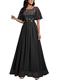 MIUSOL Women's Elegant Flutter Sleeves Lace Sequin Prom Bridesmaids Party Gown Formal Maxi Dress (X-Large, Black)