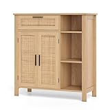 TANGZON Storage Cabinet, Wooden Buffet Sideboard with Rattan Woven Doors, Drawer & Adjustable Shelf, Freestanding Cupboard for Kitchen Dining Living Room, Natural