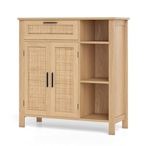 TANGZON Storage Cabinet, Wooden Buffet Sideboard with Rattan Woven Doors, Drawer & Adjustable Shelf, Freestanding Cupboard for Kitchen Dining Living Room, Natural