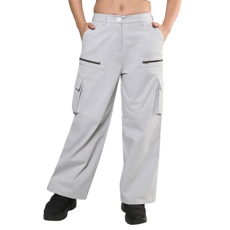 Image of PINACOLADA Women's Moon Grey Straight Fit Cargo Trousers for Casual Wear | 6 Pockets | Regular Fit | Button Closure | Cargo Pants Crafted with Comfort Fit for Everyday Wear
