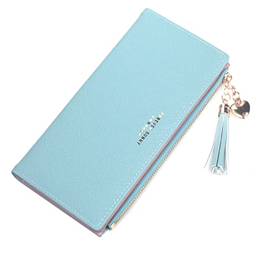 Image of SUMGOGO Wallets for Women Slim Clutch Purse Handbag Card Holder Womens Long Tassel Zipper Pocket Fashion Taiga Leather Billfold Wallet (Blue)