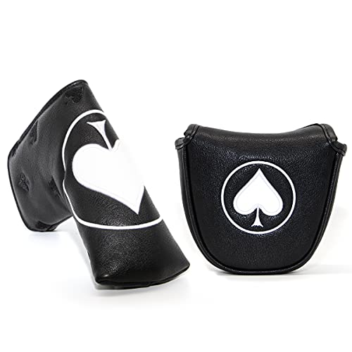 ゴルフクラブヘッドカバー ゴルフウッドカバー セットゴルフドライバーカバー フェアウェイウッド、ユーティリティ用、ハイブリッド用のヘッドカバー Aliennana 高級レザー製 スペードA 仕様 女性 紳士用 ブラック (マレット式)